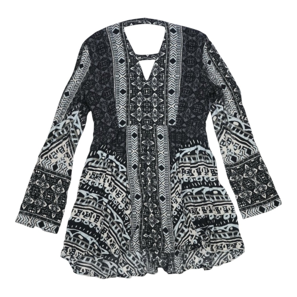 Free People Tegan Tunic Dress Black White Print Boho Long Sleeve Women's 10